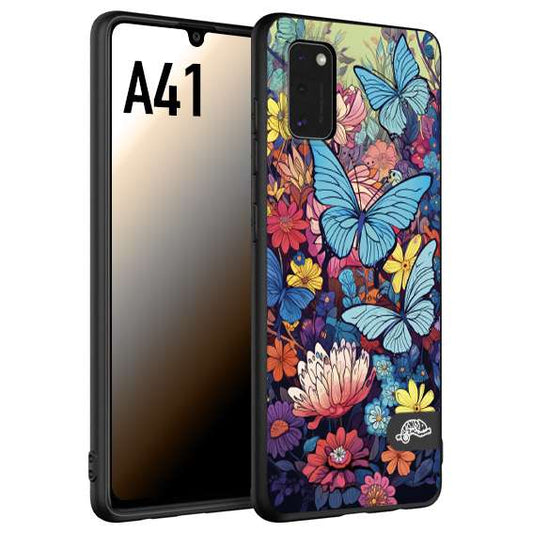CUSTOMIZZA - Custodia cover nera morbida in tpu compatibile per Samsung A41 farfalle butterfly moderno donna disegnate gialla blu rosa