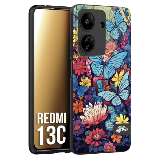 CUSTOMIZZA - Custodia cover nera morbida in tpu compatibile per Xiaomi Redmi 13C farfalle butterfly moderno donna disegnate gialla blu rosa