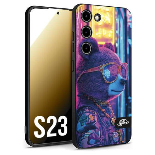 CUSTOMIZZA - Custodia cover nera morbida in tpu compatibile per Samsung S23 animali cyberpunk orsetto orso street bear fucsia blu night