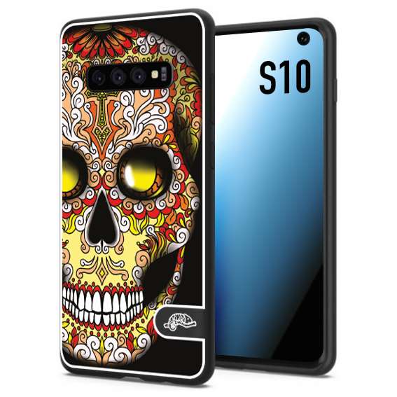 CUSTOMIZZA - Custodia cover nera morbida in tpu compatibile per Samsung S10 teschio messicano Mexican skull giallo rosso arancio