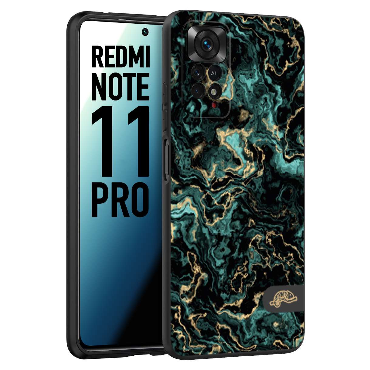 CUSTOMIZZA - Custodia cover nera morbida in tpu compatibile per Xiaomi Redmi Note 11 PRO effetto marmo marble verde green venature dorato pietra