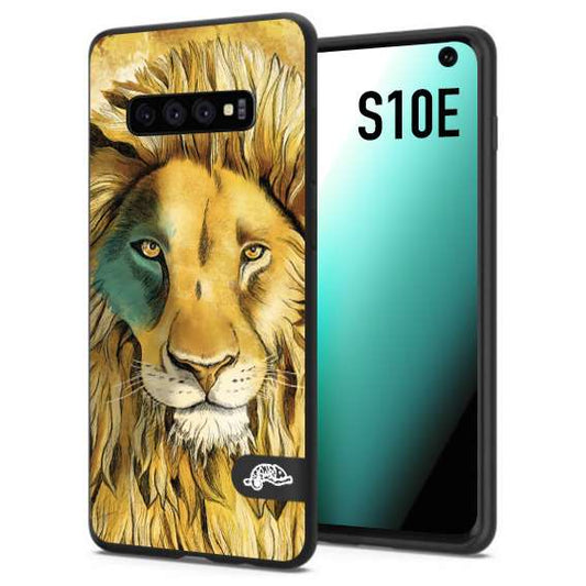 CUSTOMIZZA - Custodia cover nera morbida in tpu compatibile per Samsung S10E leone lion disegnato a mano giallo blu a rilievo artistico brown