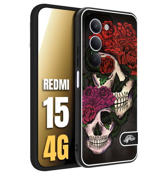 CUSTOMIZZA - Custodia cover nera morbida in tpu compatibile per Xiaomi Redmi 15 4G teschi e rose rosse fucsia skull and roses