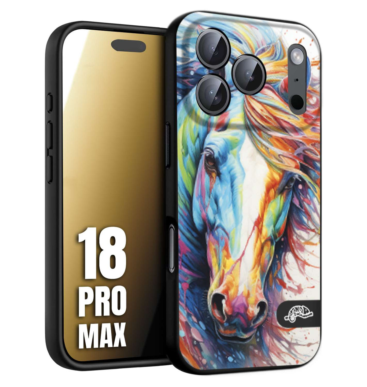 CUSTOMIZZA - Custodia cover nera morbida in tpu compatibile per iPhone 18 PRO MAX animali color cavallo horse viso colori vibranti disegnato schizzo