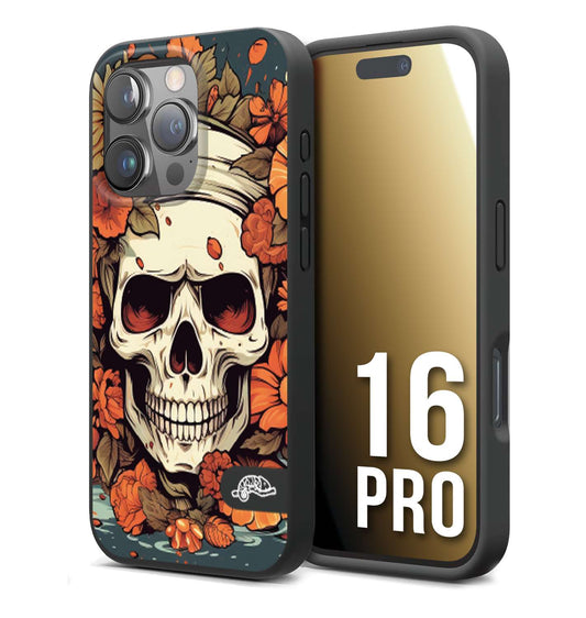 CUSTOMIZZA - Custodia cover nera morbida in tpu compatibile per iPhone 16 PRO teschio skull flowers fiori tattoo disegnato alta definizione