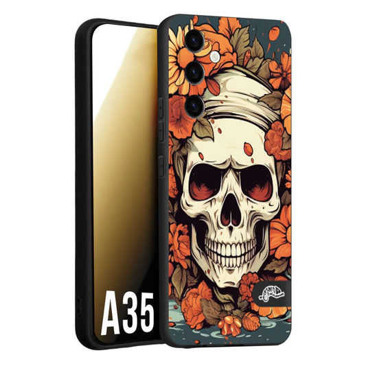 CUSTOMIZZA - Custodia cover nera morbida in tpu compatibile per Samsung A35 5G teschio skull flowers fiori tattoo disegnato alta definizione