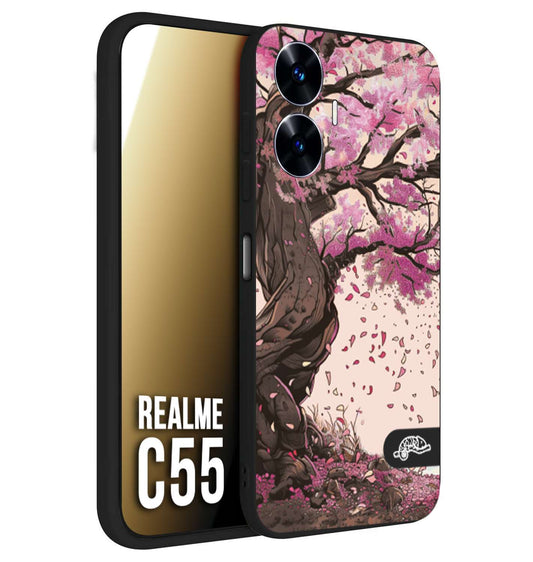CUSTOMIZZA - Custodia cover nera morbida in tpu compatibile per Realme C55 giapponese colori morbidi fiori di ciliegio rosa disegnata