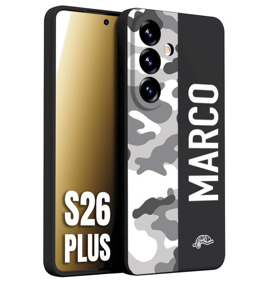 CUSTOMIZZA - Custodia cover nera morbida in tpu compatibile per Samsung S26 PLUS camouflage mimetico militare personalizzata nome bianco