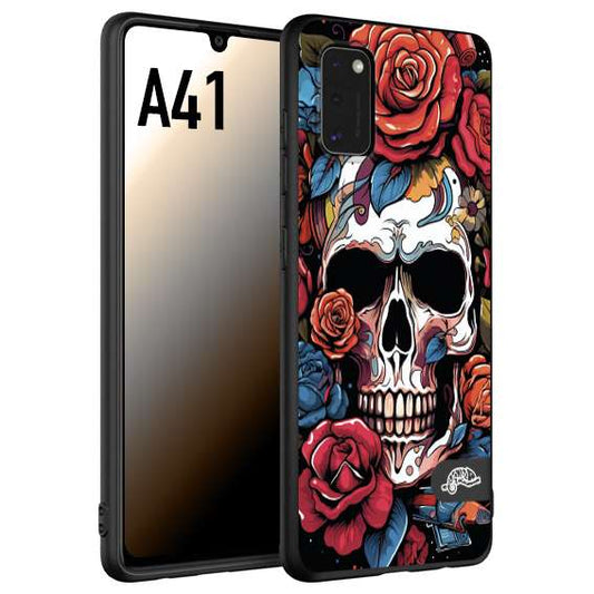 CUSTOMIZZA - Custodia cover nera morbida in tpu compatibile per Samsung A41 teschio skull flowers fiori rose rosse tattoo disegnato