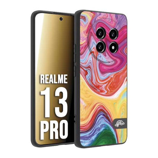 CUSTOMIZZA - Custodia cover nera morbida in tpu compatibile per Realme 13 PRO colorata fantasia vortice marmo onde verde fucsia gialla