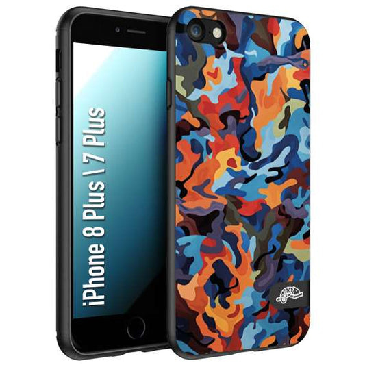 CUSTOMIZZA - Custodia cover nera morbida in tpu compatibile per iPhone 7 Plus - 8 plus camouflage mimetico militare moderno blu arancio rosso