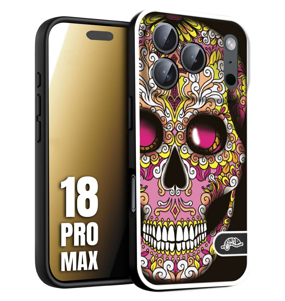 CUSTOMIZZA - Custodia cover nera morbida in tpu compatibile per iPhone 18 PRO MAX teschio messicano Mexican skull rosa gialla