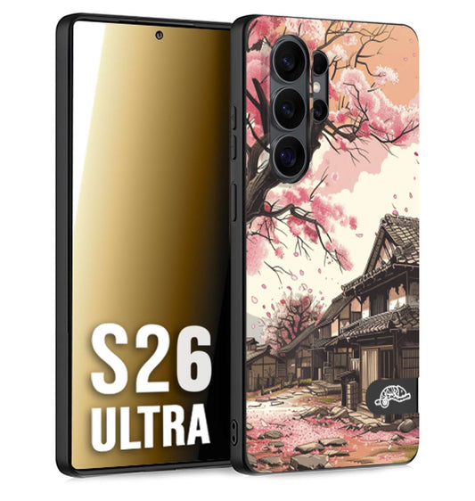 CUSTOMIZZA - Custodia cover nera morbida in tpu compatibile per Samsung S26 ULTRA casa giapponese rosa ciliegio in fiore disegnata tattoo
