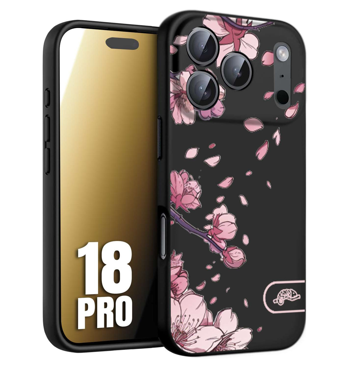 CUSTOMIZZA - Custodia cover nera morbida in tpu compatibile per iPhone 18 PRO giapponese fiori di ciliegio in fiore a rilievo disegnata tattoo