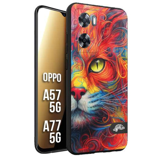 CUSTOMIZZA - Custodia cover nera morbida in tpu compatibile per Oppo A57 5G - A77 5G animali color cat gatto viso colori vibranti disegnato schizzo