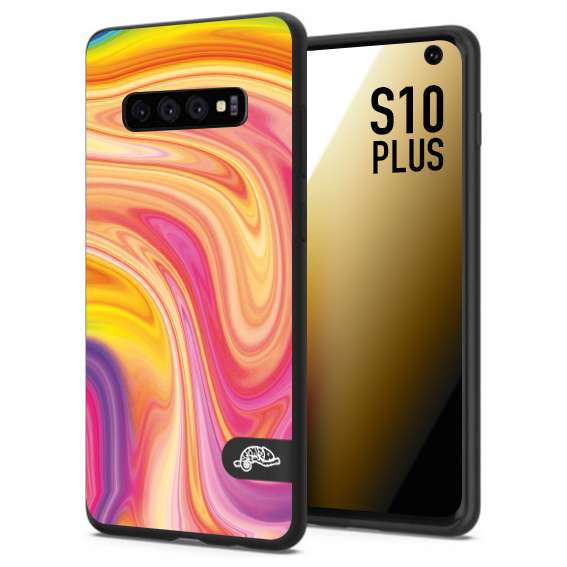 CUSTOMIZZA - Custodia cover nera morbida in tpu compatibile per Samsung S10 PLUS colorata fantasia vortice marmo onde rosa fucsia gialla