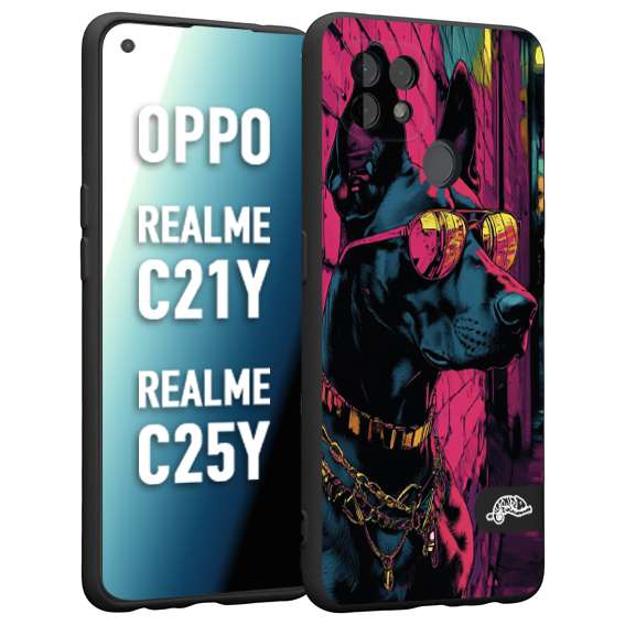 CUSTOMIZZA - Custodia cover nera morbida in tpu compatibile per Realme C21Y - C25Y animali cyberpunk dobermann cane street dog fucsia blu