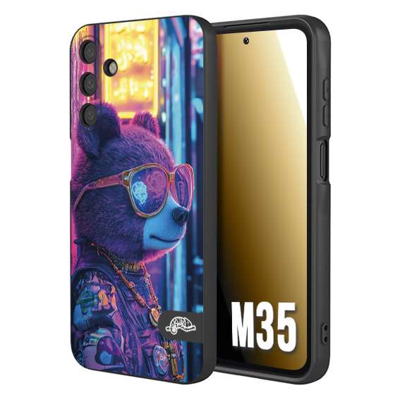 CUSTOMIZZA - Custodia cover nera morbida in tpu compatibile per Samsung M35 animali cyberpunk orsetto orso street bear fucsia blu night
