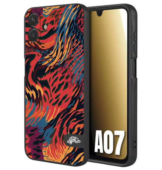 CUSTOMIZZA - Custodia cover nera morbida in tpu compatibile per Samsung A07 leopardato maculato tigrato colorata fiamme rossa blu arancione
