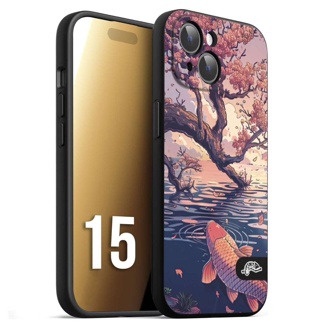 CUSTOMIZZA - Custodia cover nera morbida in tpu compatibile per iPhone 15 giapponese lago carpa koi rosa con foglie d'acero disegnata tattoo