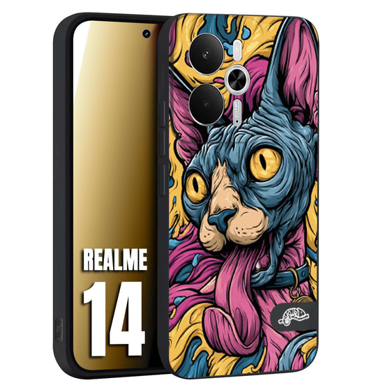 CUSTOMIZZA - Custodia cover nera morbida in tpu compatibile per Realme 14 5G Sphynx Colorato Pop Art Psichedelico Gatto Blu Rosa Giallo Artistica Fantasy