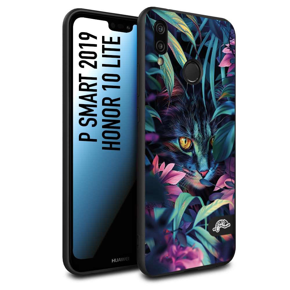 CUSTOMIZZA - Custodia cover nera morbida in tpu compatibile per Huawei P Smart 2019 animali color giungla tropicale occhio di gatto colori vibranti disegnato