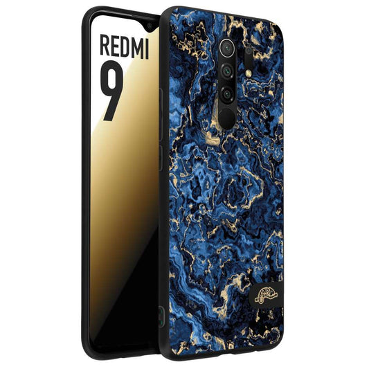 CUSTOMIZZA - Custodia cover nera morbida in tpu compatibile per Xiaomi Redmi 9 effetto marmo marble blu venature dorato psichedelico