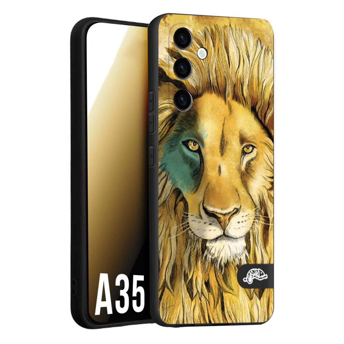 CUSTOMIZZA - Custodia cover nera morbida in tpu compatibile per Samsung A35 5G leone lion disegnato a mano giallo blu a rilievo artistico brown