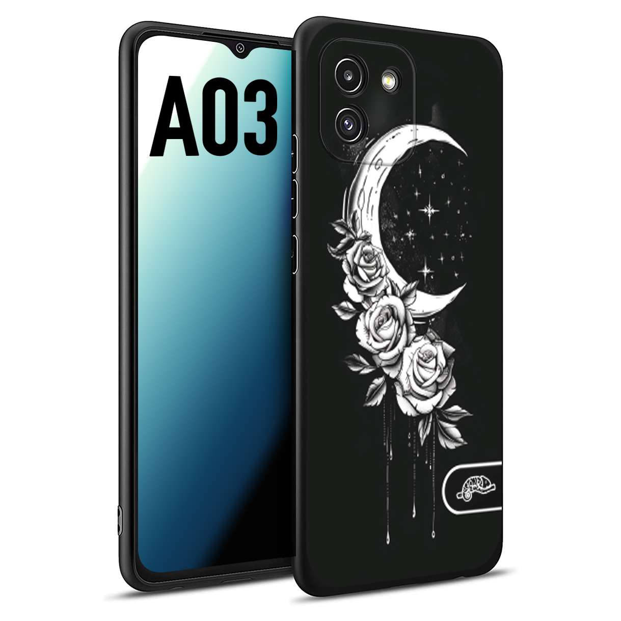 CUSTOMIZZA - Custodia cover nera morbida in tpu compatibile per Samsung A03 luna e fiori moon flowers black and white bianco a rilievo disegnato tattoo tatuaggio