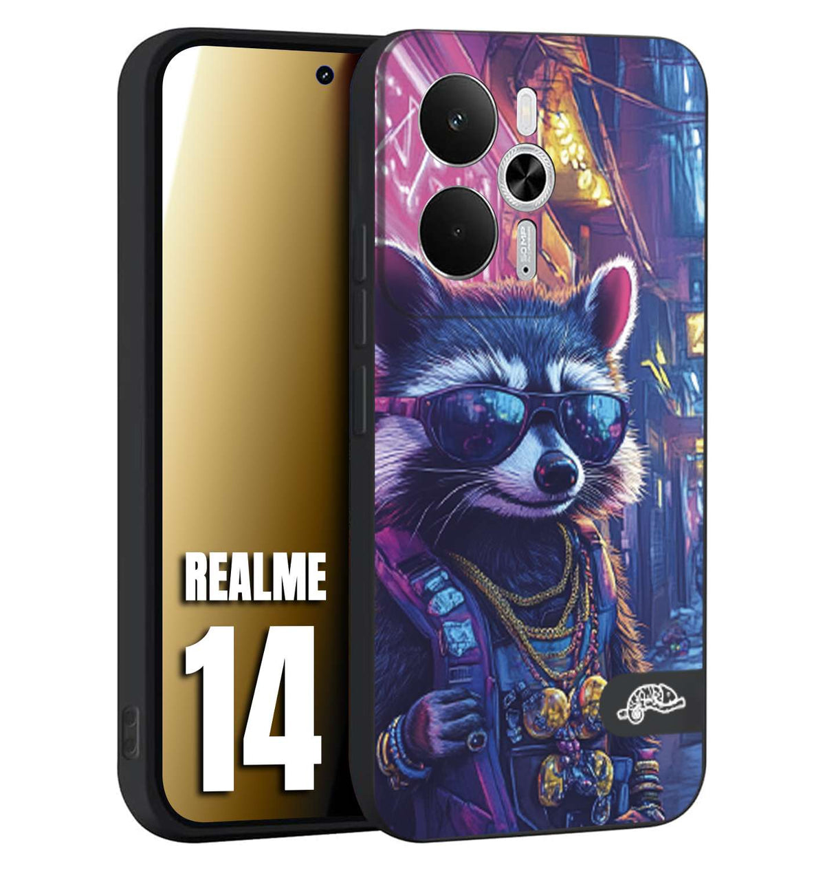 CUSTOMIZZA - Custodia cover nera morbida in tpu compatibile per Realme 14 5G animali simpatici cyberpunk procione racoon street cat fucsia blu giallo