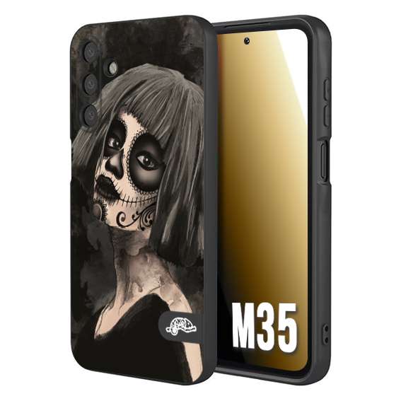 CUSTOMIZZA - Custodia cover nera morbida in tpu compatibile per Samsung M35 chicana messicana dea de la muerte donna santa tattoo disegnata