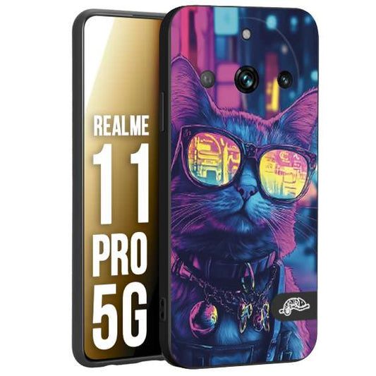CUSTOMIZZA - Custodia cover nera morbida in tpu compatibile per Realme 11 PRO 5G animali cyberpunk gatto street cat fucsia blu giallo