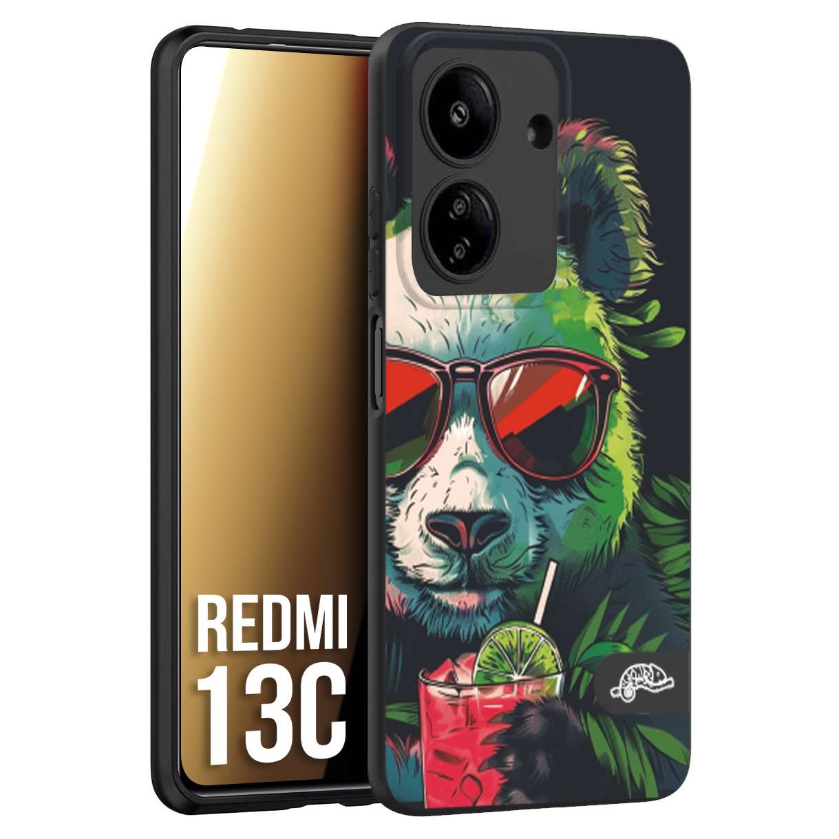 CUSTOMIZZA - Custodia cover nera morbida in tpu compatibile per Xiaomi Redmi 13C estate disegnata cocktails animali simpatici panda mojito