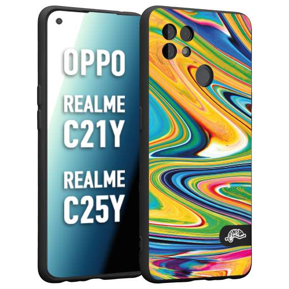 CUSTOMIZZA - Custodia cover nera morbida in tpu compatibile per Oppo Realme C21Y - C25Y colorata fantasia vortice marmo arcobaleno gialla verde blu