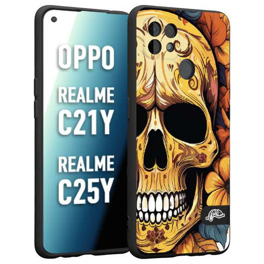 CUSTOMIZZA - Custodia cover nera morbida in tpu compatibile per Realme C21Y - C25Y teschio messicano colorato dorato fiori autunnali disegnato