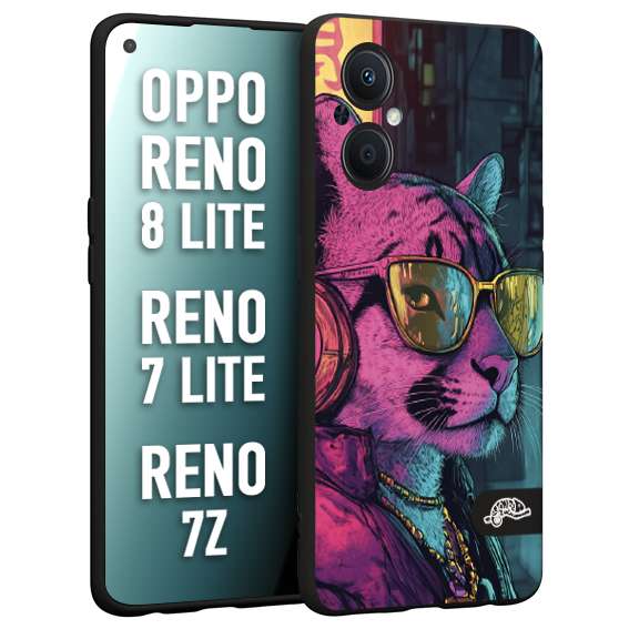 CUSTOMIZZA - Custodia cover nera morbida in tpu compatibile per Oppo Reno 7 Lite - 8 Lite - 7Z animali cyberpunk pantera street cat fucsia blu giallo