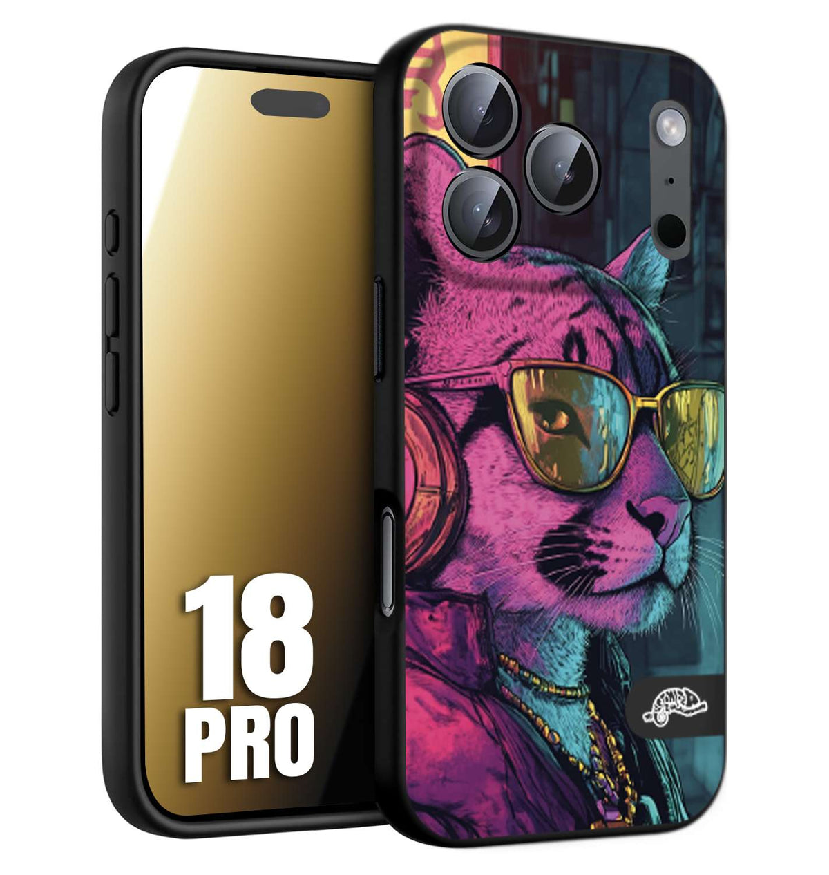 CUSTOMIZZA - Custodia cover nera morbida in tpu compatibile per iPhone 18 PRO animali cyberpunk pantera street cat fucsia blu giallo