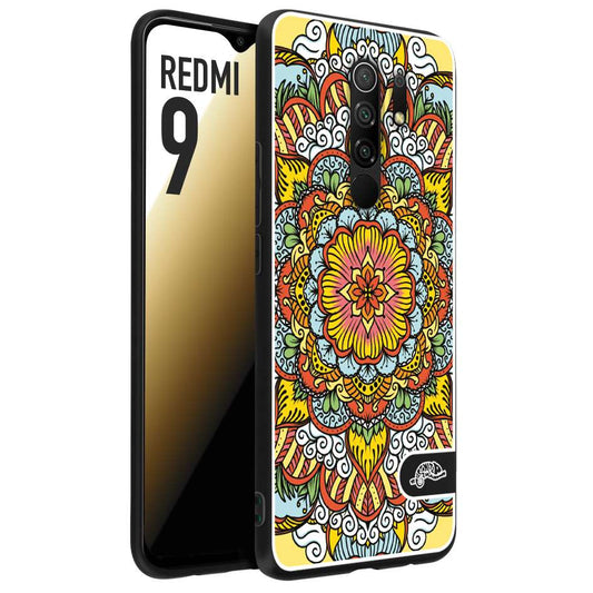 CUSTOMIZZA - Custodia cover nera morbida in tpu compatibile per Xiaomi Redmi 9 mandala colorato fiore nuvole arancione