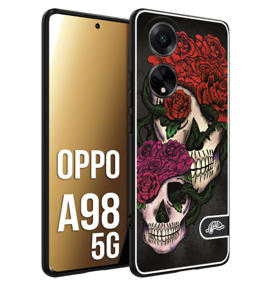 CUSTOMIZZA - Custodia cover nera morbida in tpu compatibile per Oppo A98 5G teschi e rose rosse fucsia skull and roses