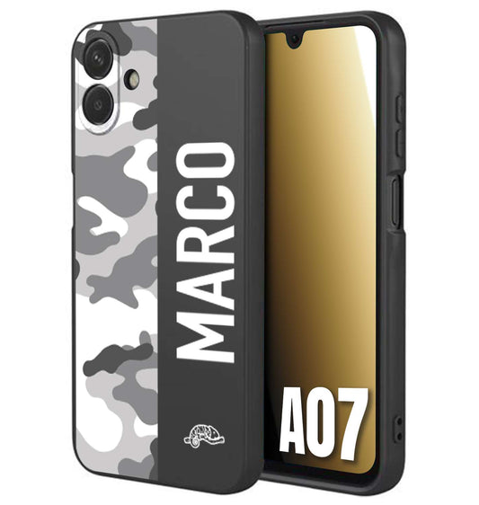 CUSTOMIZZA - Custodia cover nera morbida in tpu compatibile per Samsung A07 camouflage mimetico militare personalizzata nome bianco