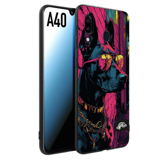 CUSTOMIZZA - Custodia cover nera morbida in tpu compatibile per Samsung A40 animali cyberpunk dobermann cane street dog fucsia blu