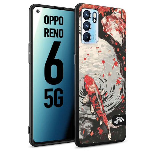 CUSTOMIZZA - Custodia cover nera morbida in tpu compatibile per Oppo Reno 6 5G giapponese lago carpa koi rossa con foglie d'acero rosso disegnata tattoo