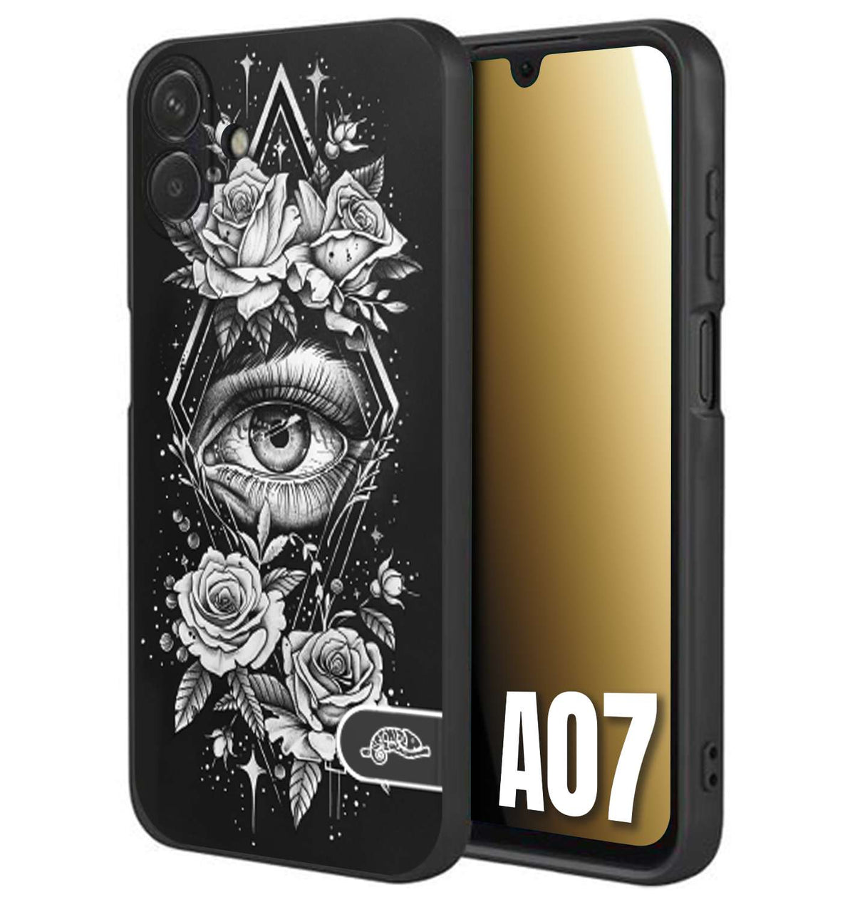 CUSTOMIZZA - Custodia cover nera morbida in tpu compatibile per Samsung A07 occhio fiori rombo geometrico black and white bianco a rilievo disegnato tattoo tatuaggio