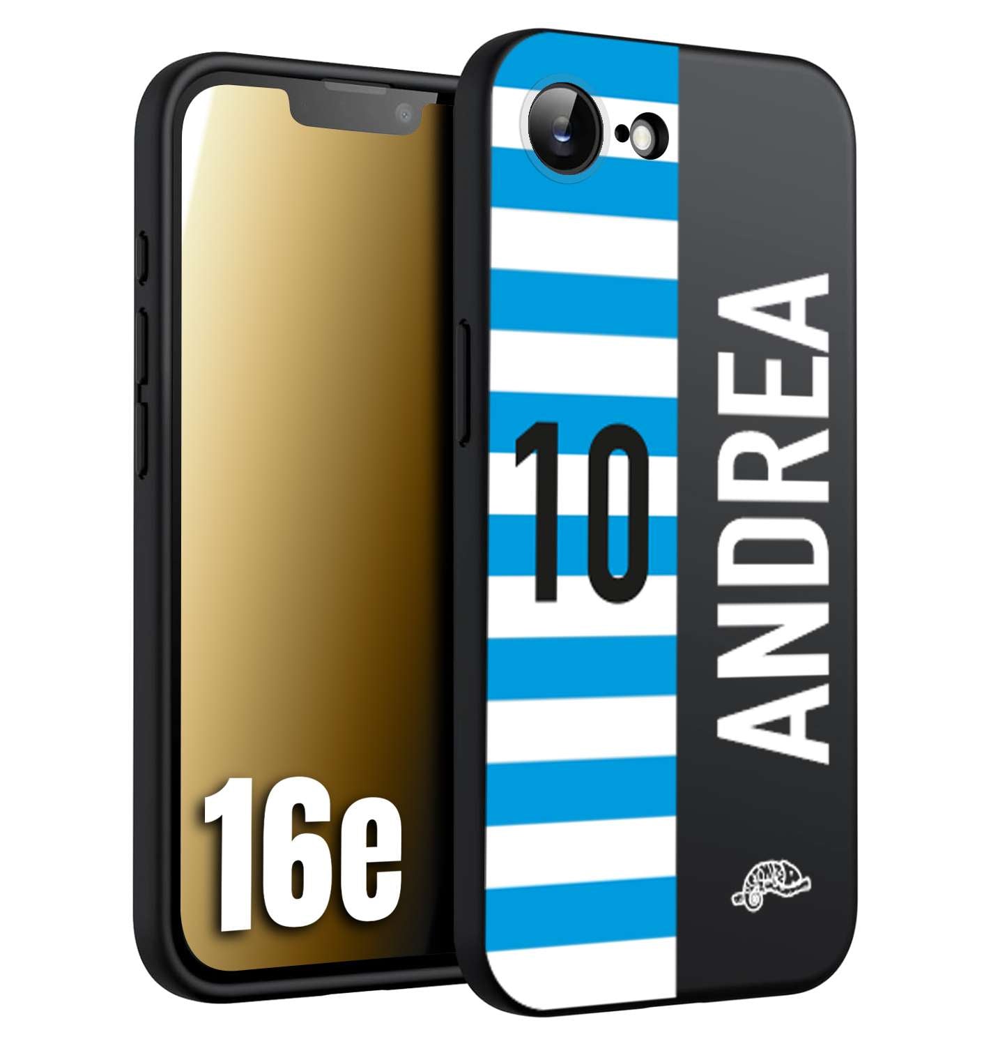 CUSTOMIZZA - Custodia cover nera morbida in tpu compatibile per iPhone 16E personalizzata calcio football nome e numero calciatori biancazzurri