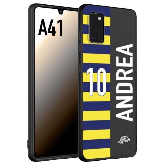 CUSTOMIZZA - Custodia cover nera morbida in tpu compatibile per Samsung A41 personalizzata calcio football nome e numero calciatori giallo blu