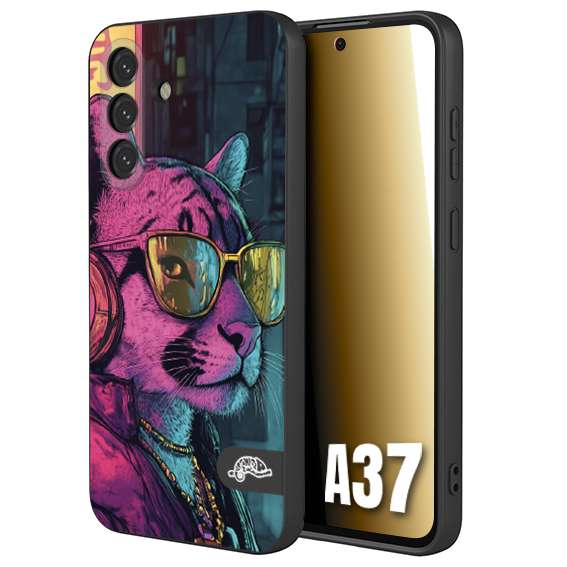 CUSTOMIZZA - Custodia cover nera morbida in tpu compatibile per Samsung A37 animali cyberpunk pantera street cat fucsia blu giallo