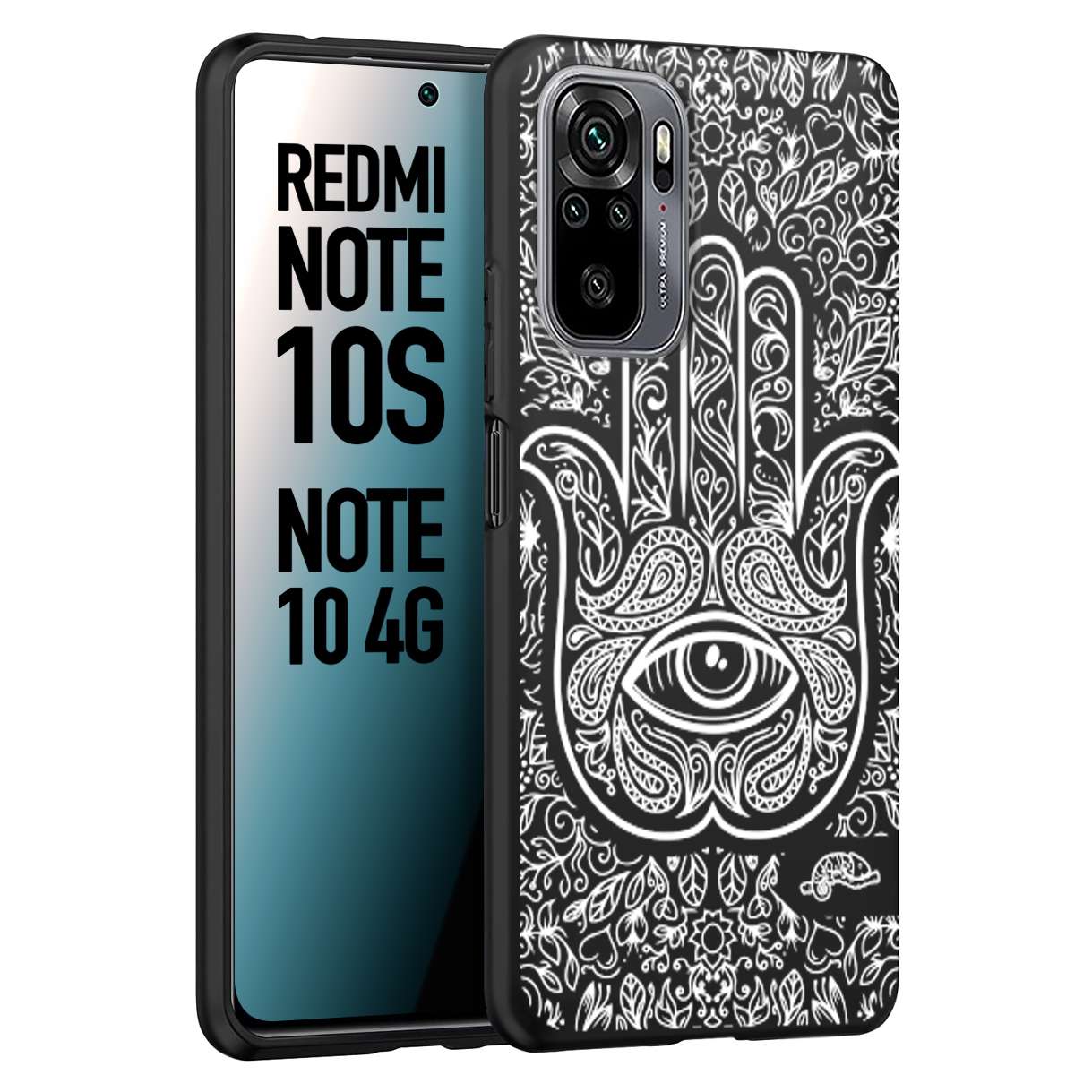 CUSTOMIZZA - Custodia cover nera morbida in tpu compatibile per Xiaomi Redmi Note 10S mano di fatima effetto rilievo mandala donna