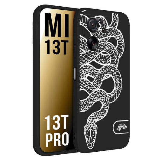 CUSTOMIZZA - Custodia cover nera morbida in tpu compatibile per Xiaomi 13T - 13T PRO serpente snake bianco a rilievo disegnato tattoo tatuaggio