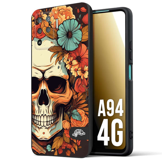 CUSTOMIZZA - Custodia cover nera morbida in tpu compatibile per Oppo A94 4G teschio skull flowers fiori autunnali arancio celeste tattoo