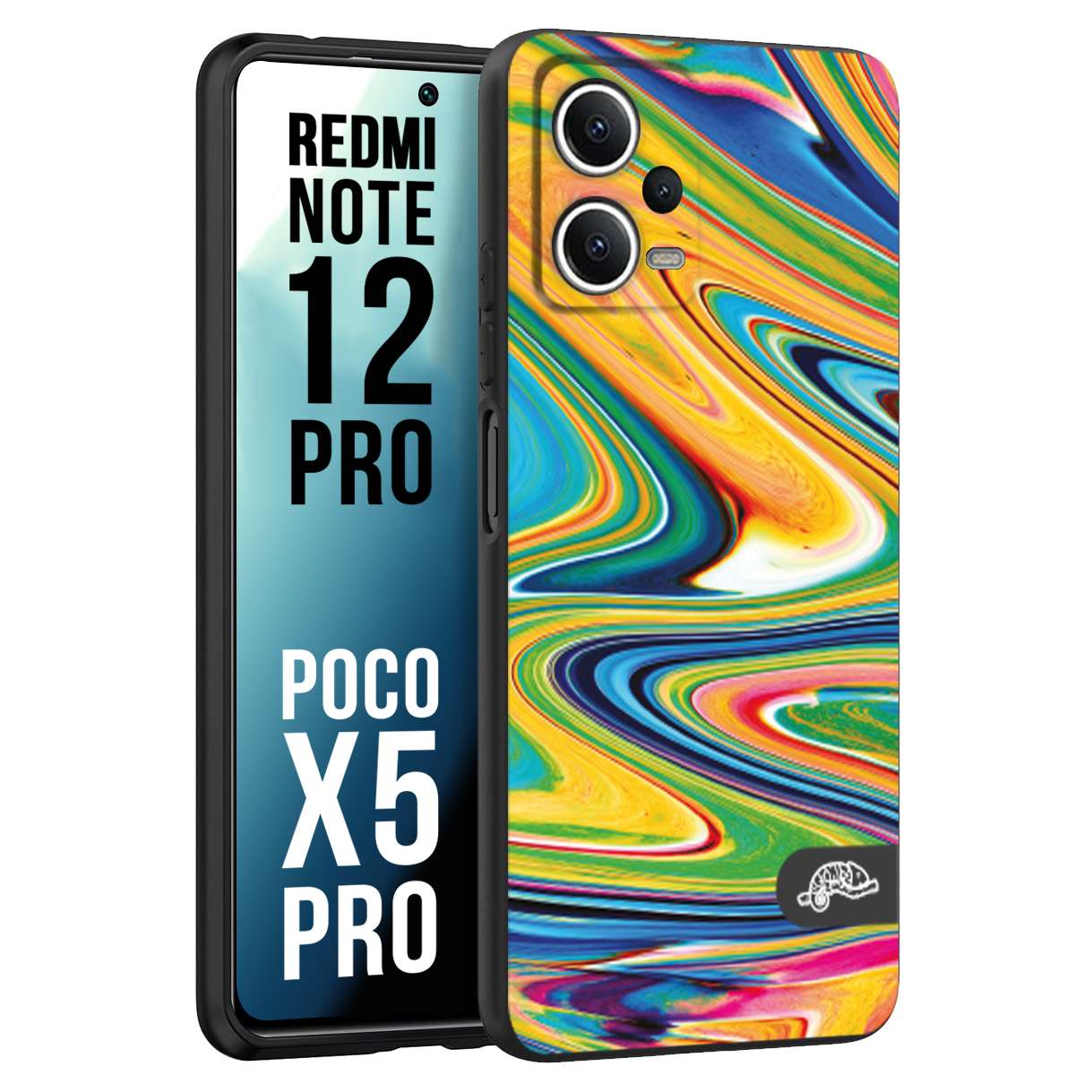 CUSTOMIZZA - Custodia cover nera morbida in tpu compatibile per Xiaomi Redmi Note 12 PRO - POCO X5 PRO colorata fantasia vortice marmo arcobaleno gialla verde blu